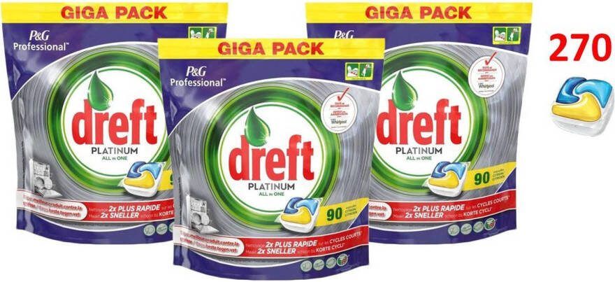 Dreft Platinum All In One Lemon Voordeeldeal 270 Vaatwastabletten/Jaardoos/Megadeal/Voordeeldoos