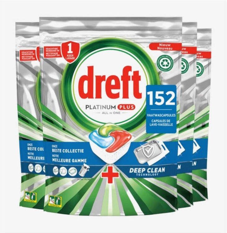 Dreft Platinum Plus All In One Vaatwastabletten Deep Clean Voordeelverpakking 4 X 38 Stuks