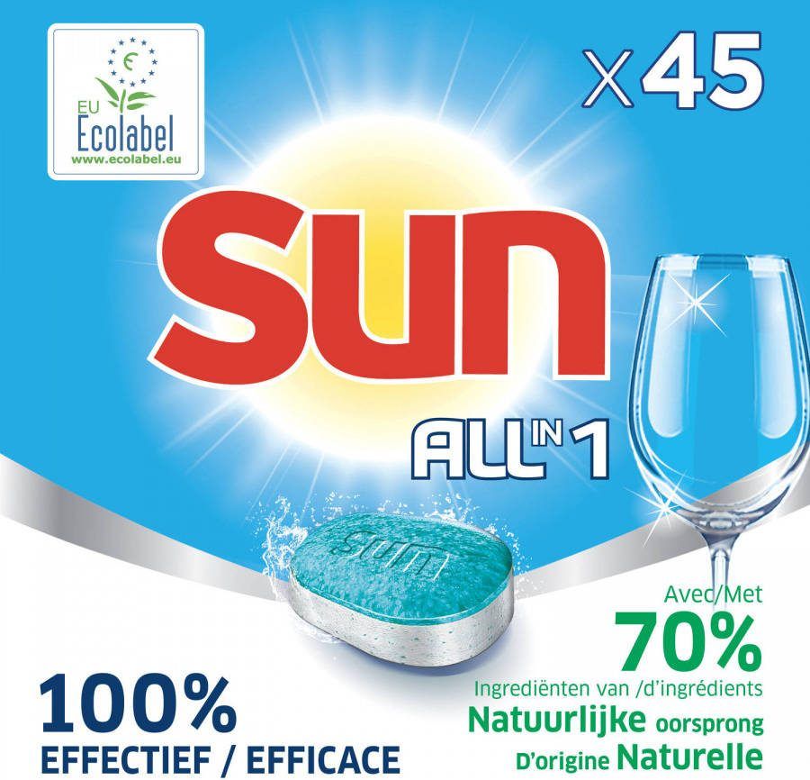 Sun All in One Vaatwastabletten Ecolabel Regular Voordeelverpakking 4 X 45 Tabs